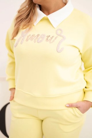 Komplet damski masełko Plus Size z szerokimi nogawkami i kołnierzykiem żółty