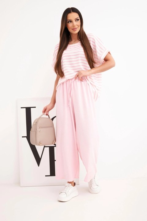 Komplet damski wiskozowy z bluzką w paski i szerokiemi spodniami z gumką pudrowy róż