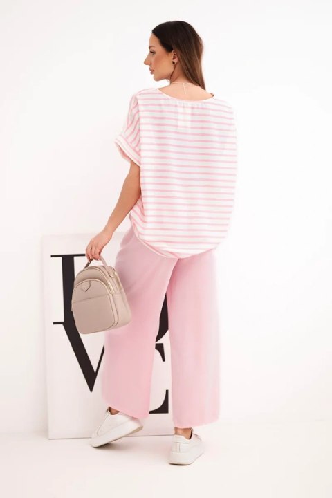 Komplet damski wiskozowy z bluzką w paski i szerokiemi spodniami z gumką pudrowy róż