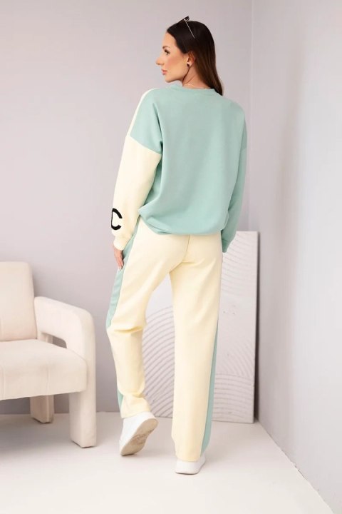 Komplet dresowy damski Masełko dwukolorowy z bluzą oversize i prostymi spodniami ciemny miętowy+żółty