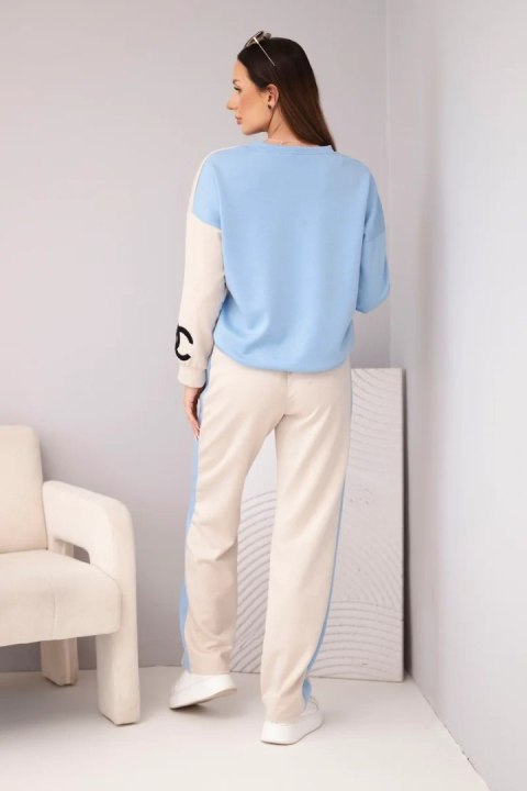 Komplet dresowy damski Masełko dwukolorowy z bluzą oversize i prostymi spodniami niebieski+beżowy