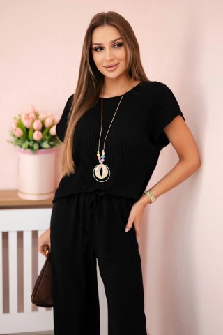 Komplet z wiskozy bluzka plisowana + spodnie czarny