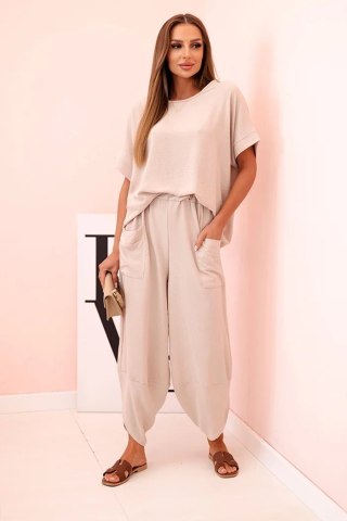 Komplet z wiskozy bluzka + spodnie ciemny beżowy