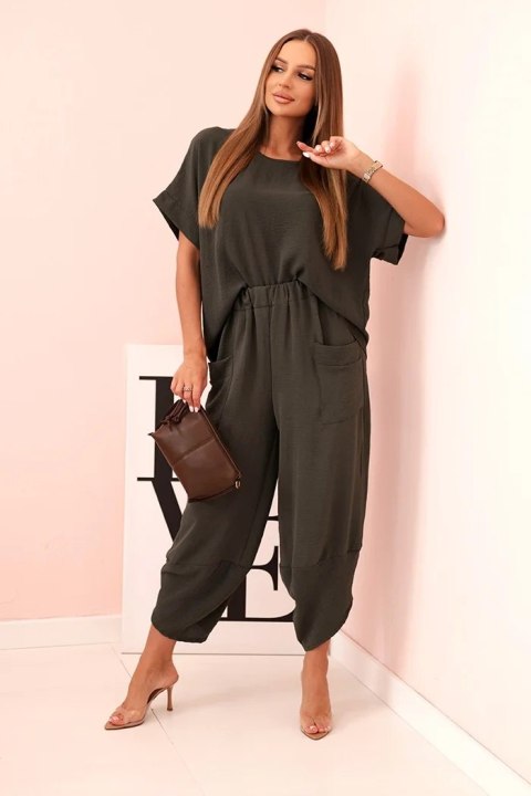 Komplet z wiskozy bluzka + spodnie khaki