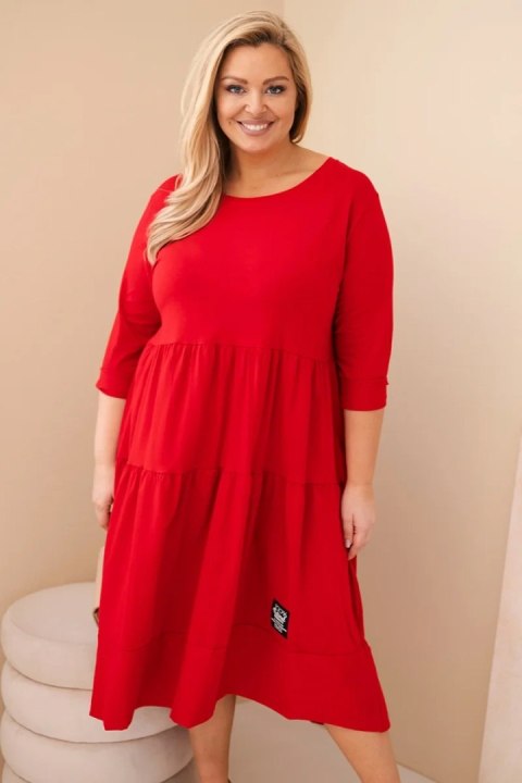 Sukienka damska bawełniana Plus Size z falbanami i podwiniętym rękawem czerwona